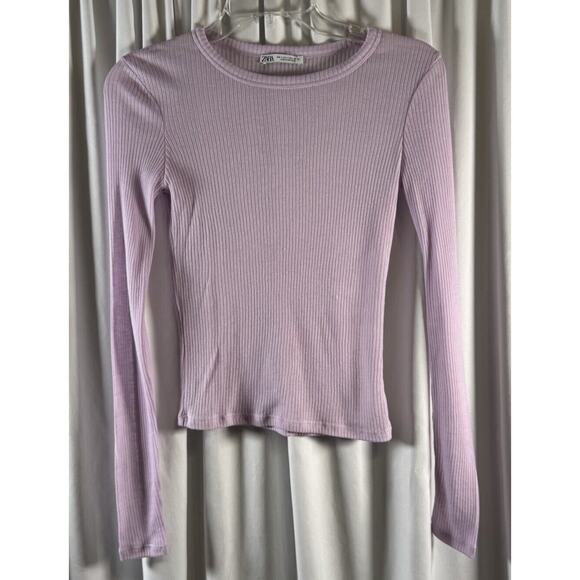 Zara Ribbed Cropped Lightweight Long Sleeves T-Shirt Lavender S Casual 73-39 - Picture 9 of 9